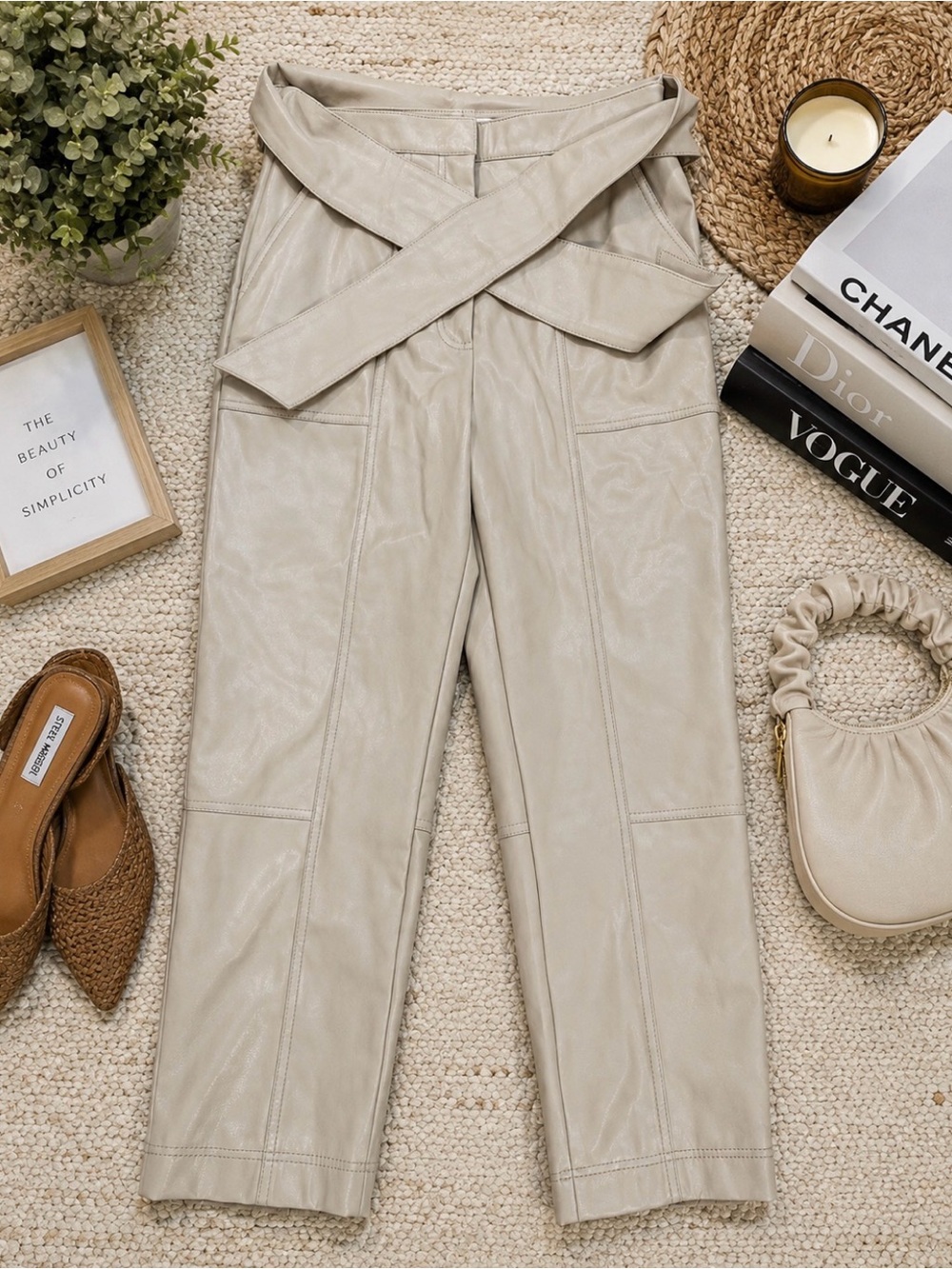 Jonathan Simkhai Faux Leather Belted Cropped Pants Size 8 Ivory Cream High Rise